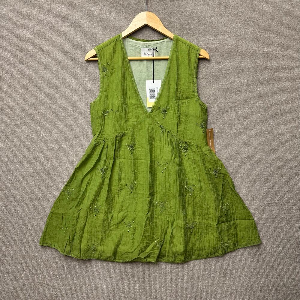 Kourt Stefania Embroidered V-Neck Lace Trim Crinkle Mini Babydoll Green Dress S